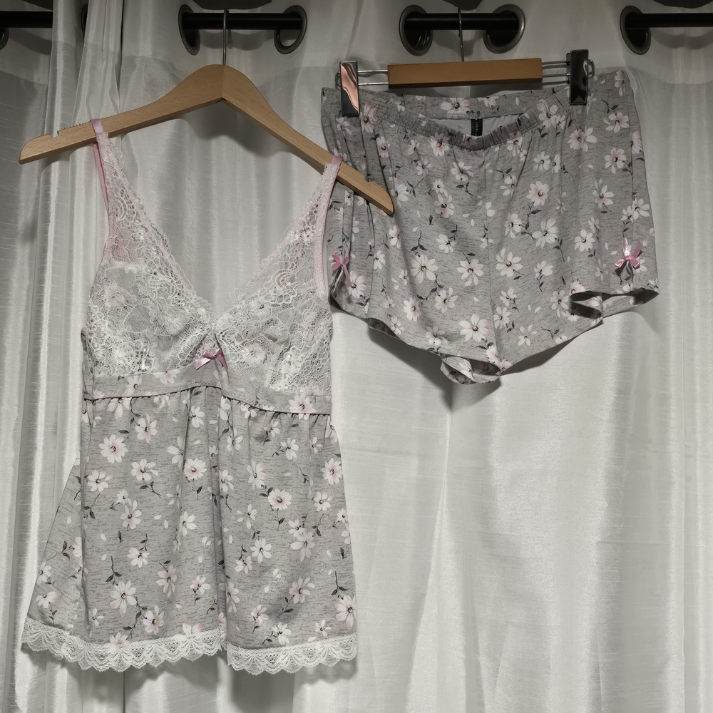 Laura Ashley Gray Floral Lace Trim Camisole & Shorts Pajama Set - Pink Accents